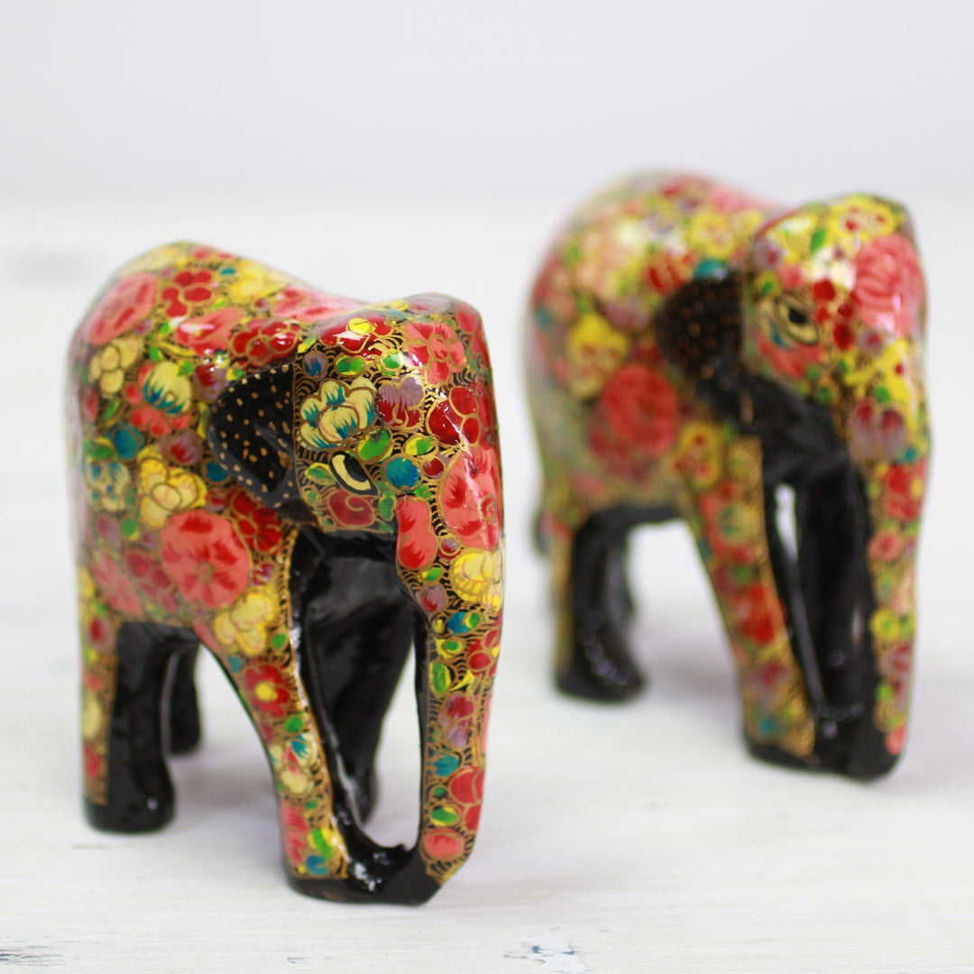 Wooden Sculpture Set of 2 Painted Floral Elephants - Elephant Bloom