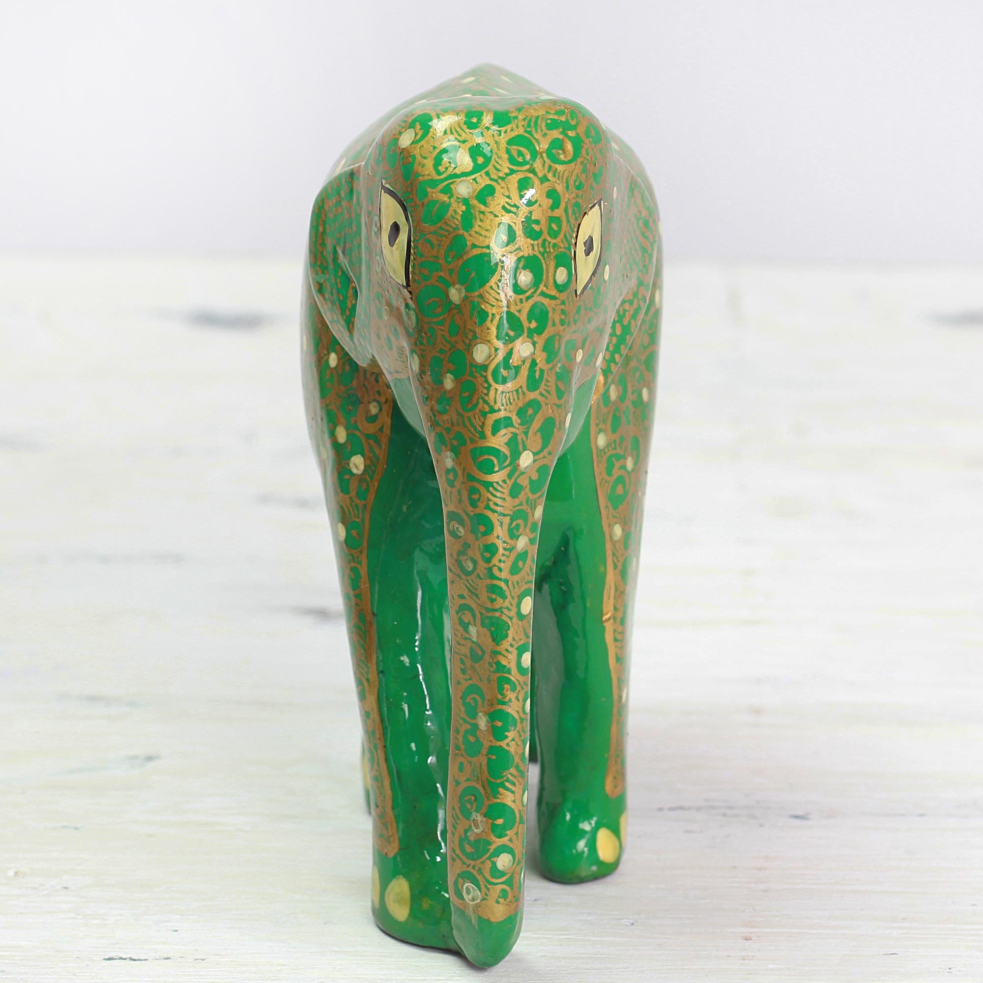 Papier Mache on Wood Green and Gold Elephant Sculpture - Wise Elephant