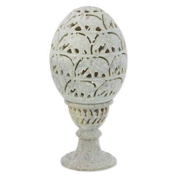 Soapstone Candleholder with Jali Elephant Motifs from India - Elephant Egg