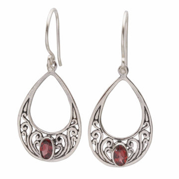 Garnet and 925 Silver Spiral Dangle Earrings from Bali - Elegant Tears