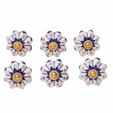 Six Ceramic Floral Knobs in Blue and White from India - Lapis Flowers