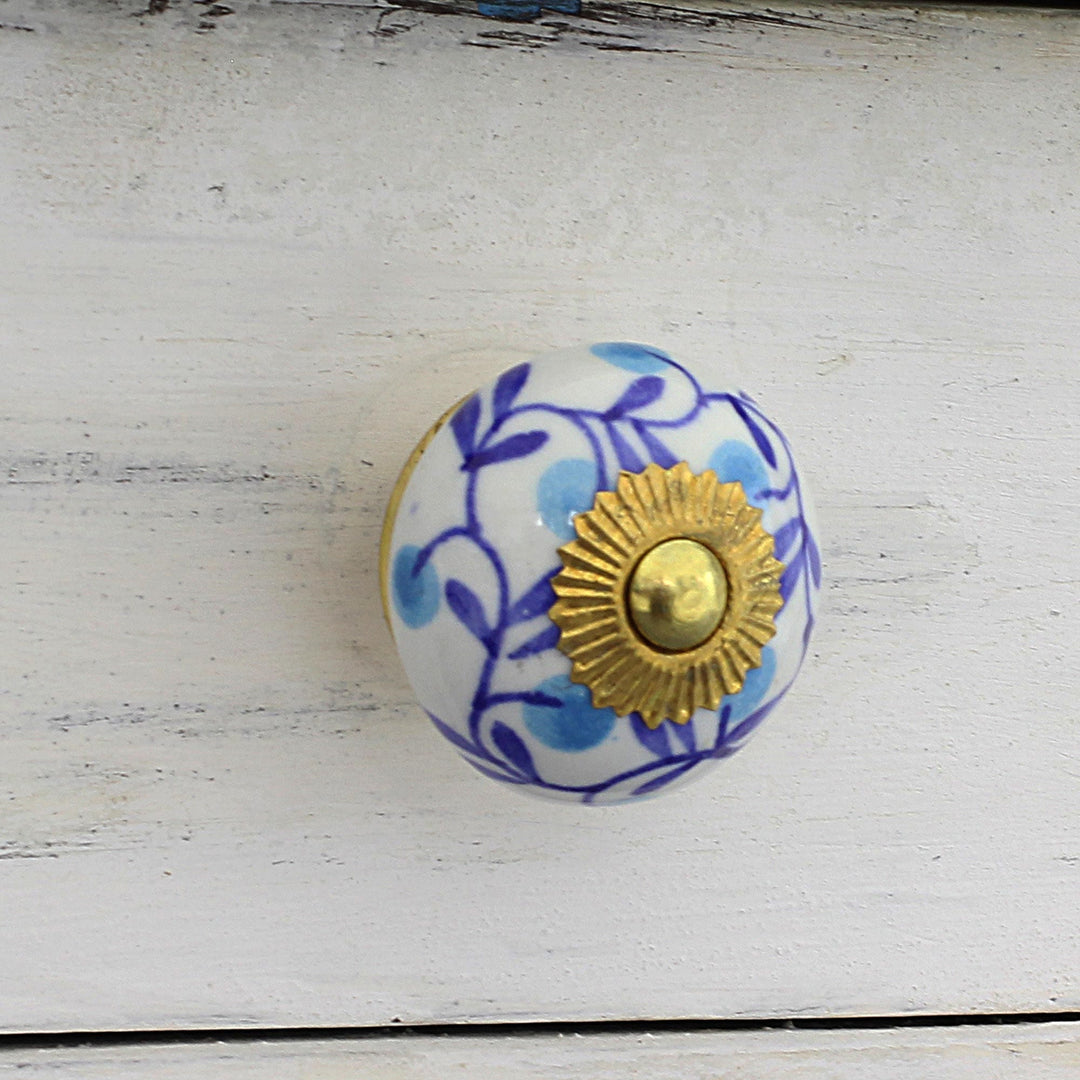 Six Blue and White Floral Ceramic Cabinet Knobs - Blue Floral Vines