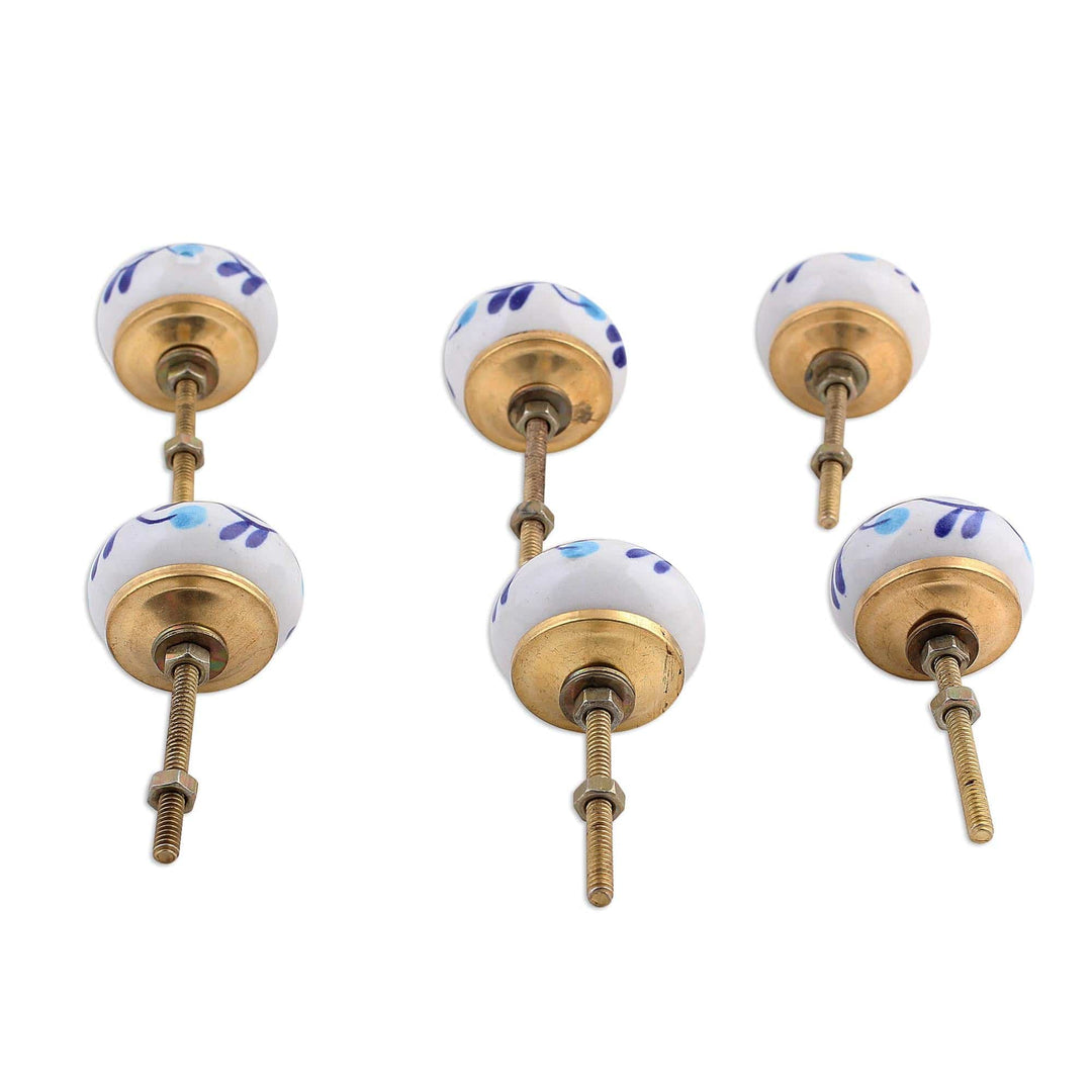 Six Blue and White Floral Ceramic Cabinet Knobs - Blue Floral Vines