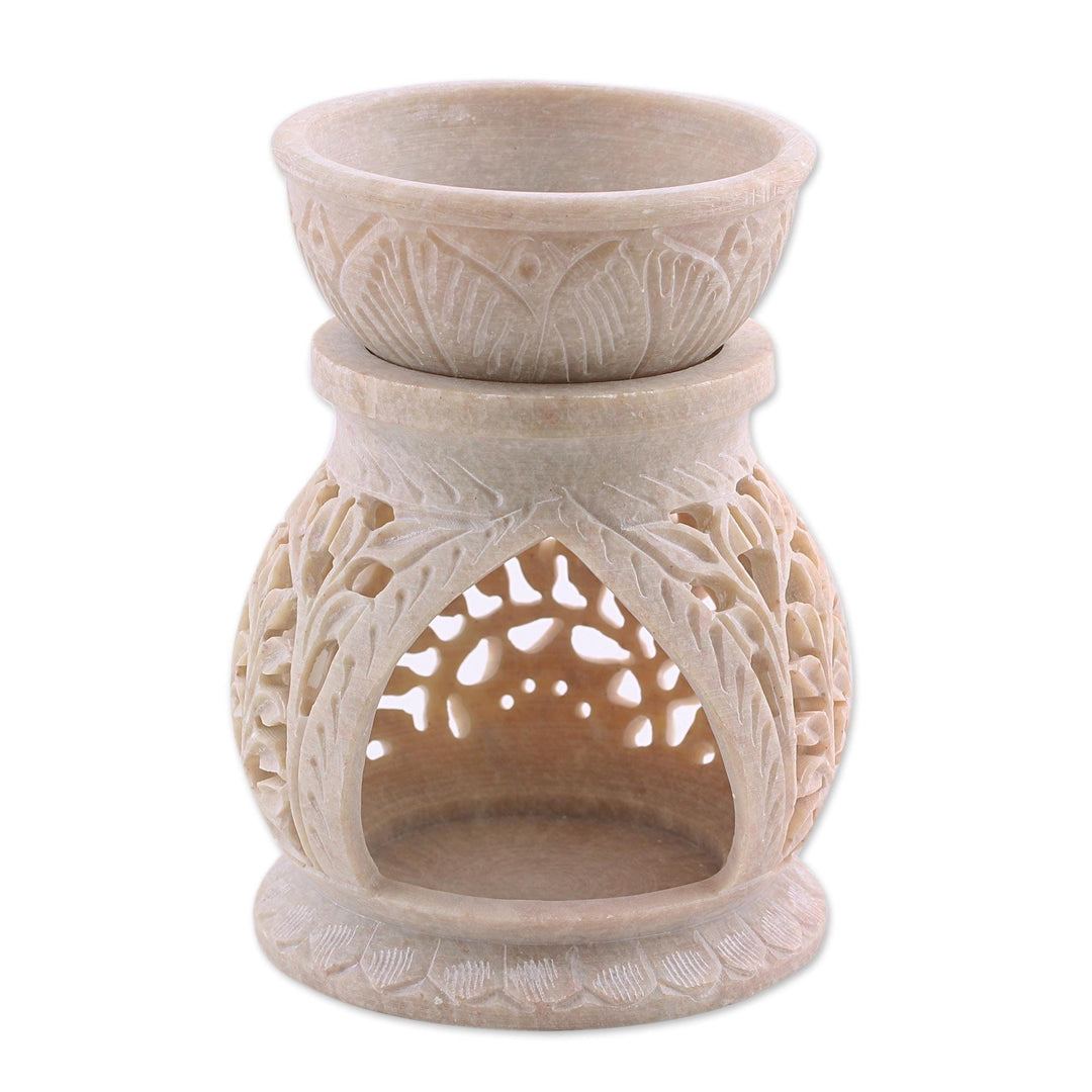 Handcrafted Lotus Flower Soapstone Oil Warmer from India - Floral Warmth