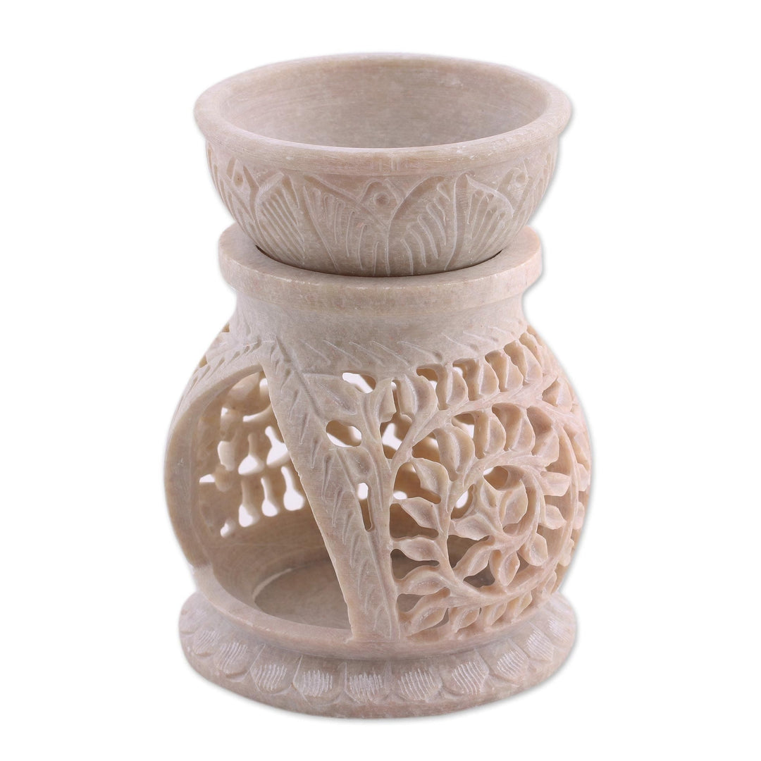 Handcrafted Lotus Flower Soapstone Oil Warmer from India - Floral Warmth