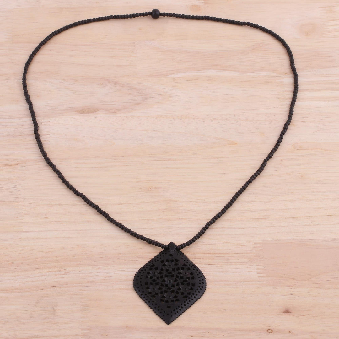 Beaded Ebony Wood Necklace with Hand Carved Leaf Pendant - Mughal Delight