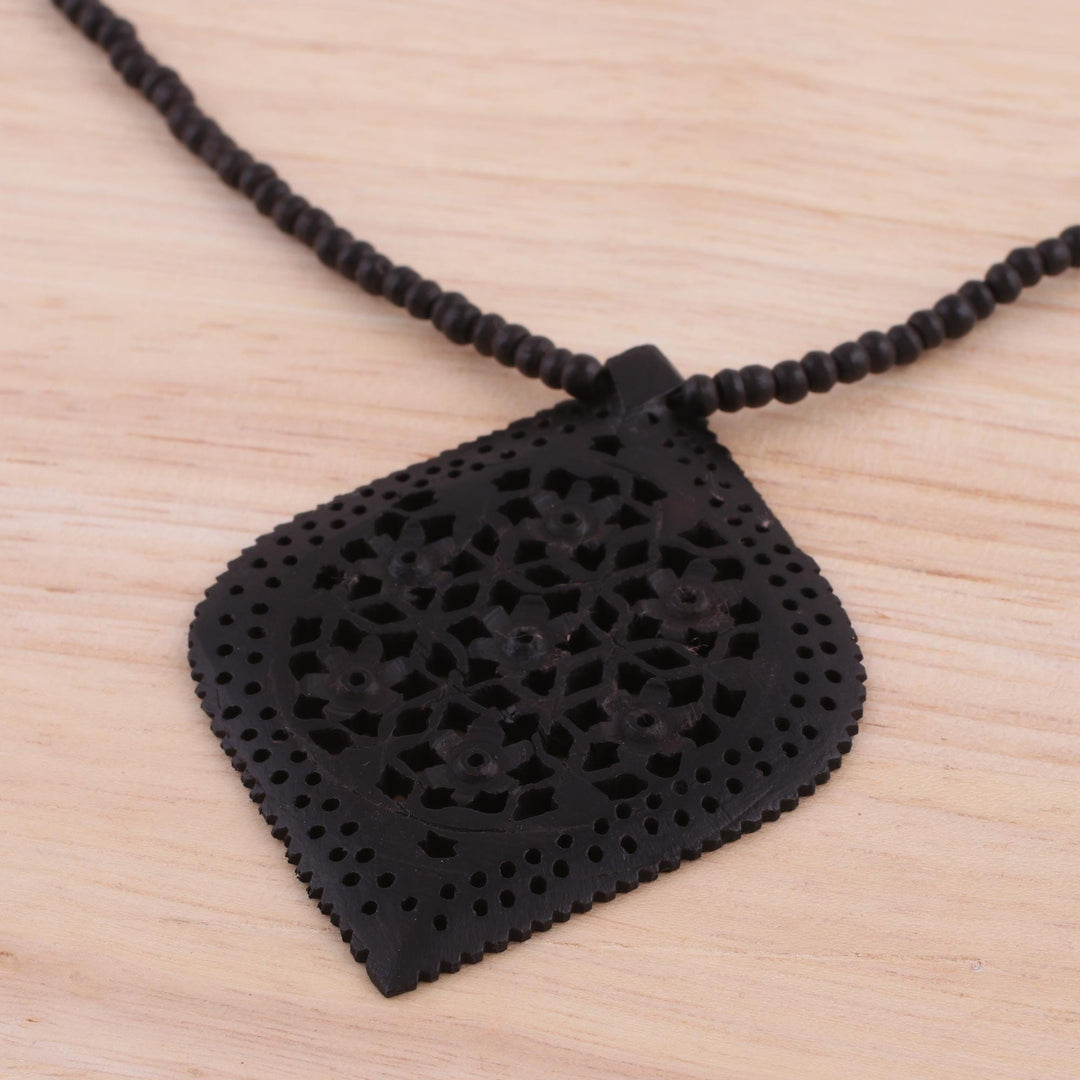 Beaded Ebony Wood Necklace with Hand Carved Leaf Pendant - Mughal Delight