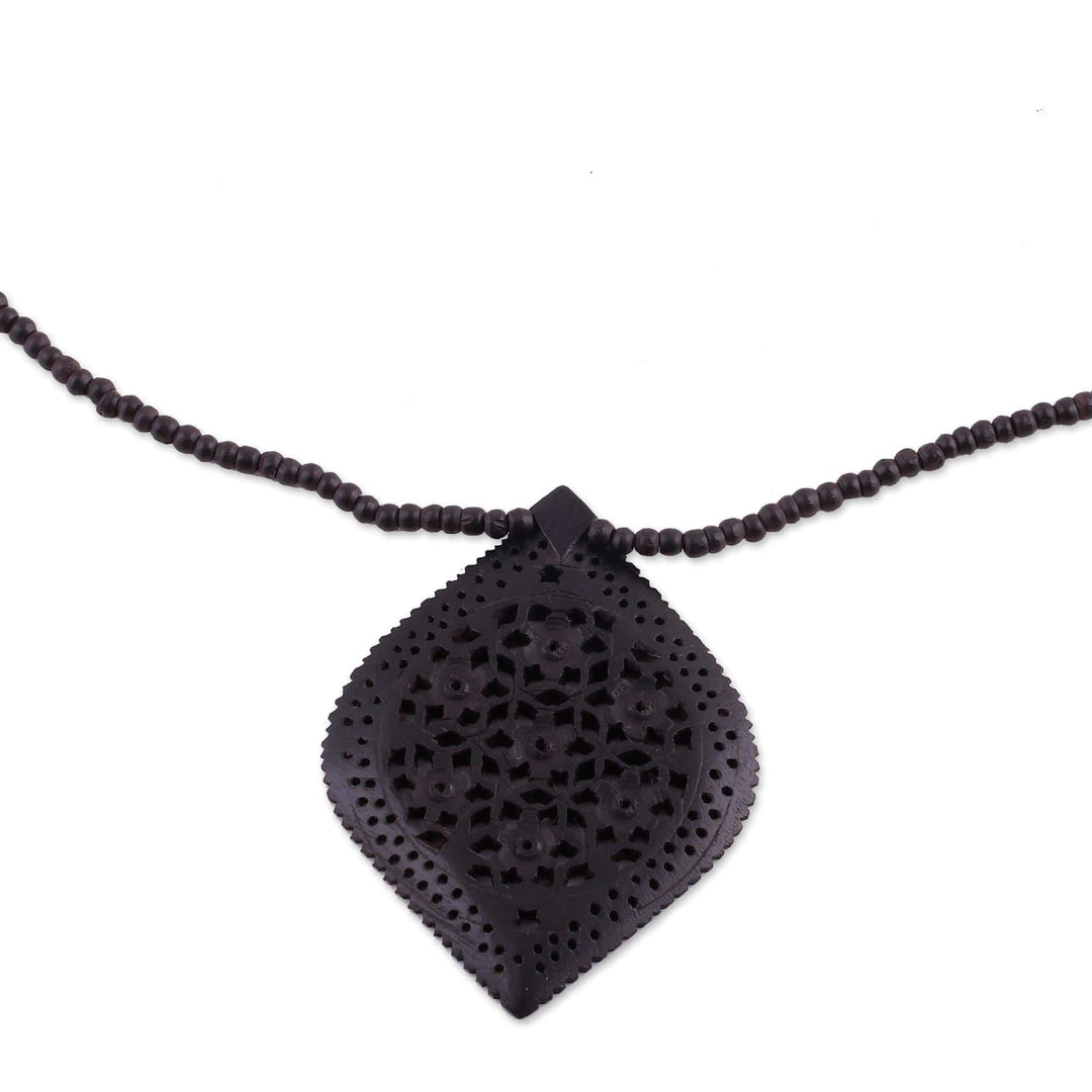 Beaded Ebony Wood Necklace with Hand Carved Leaf Pendant - Mughal Delight