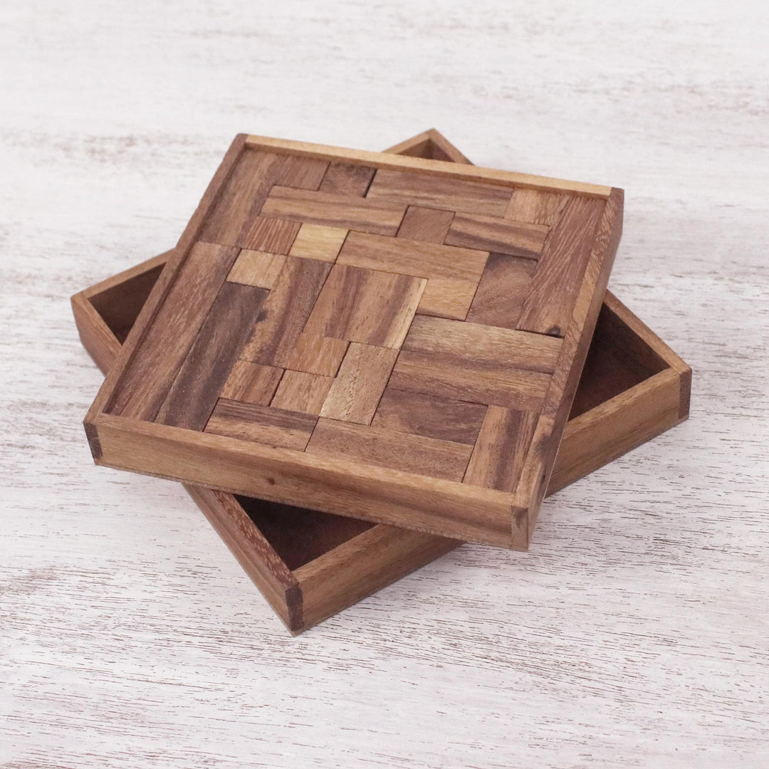 Handcrafted Square Wood Geometric Puzzle from Thailand - Geometry Game