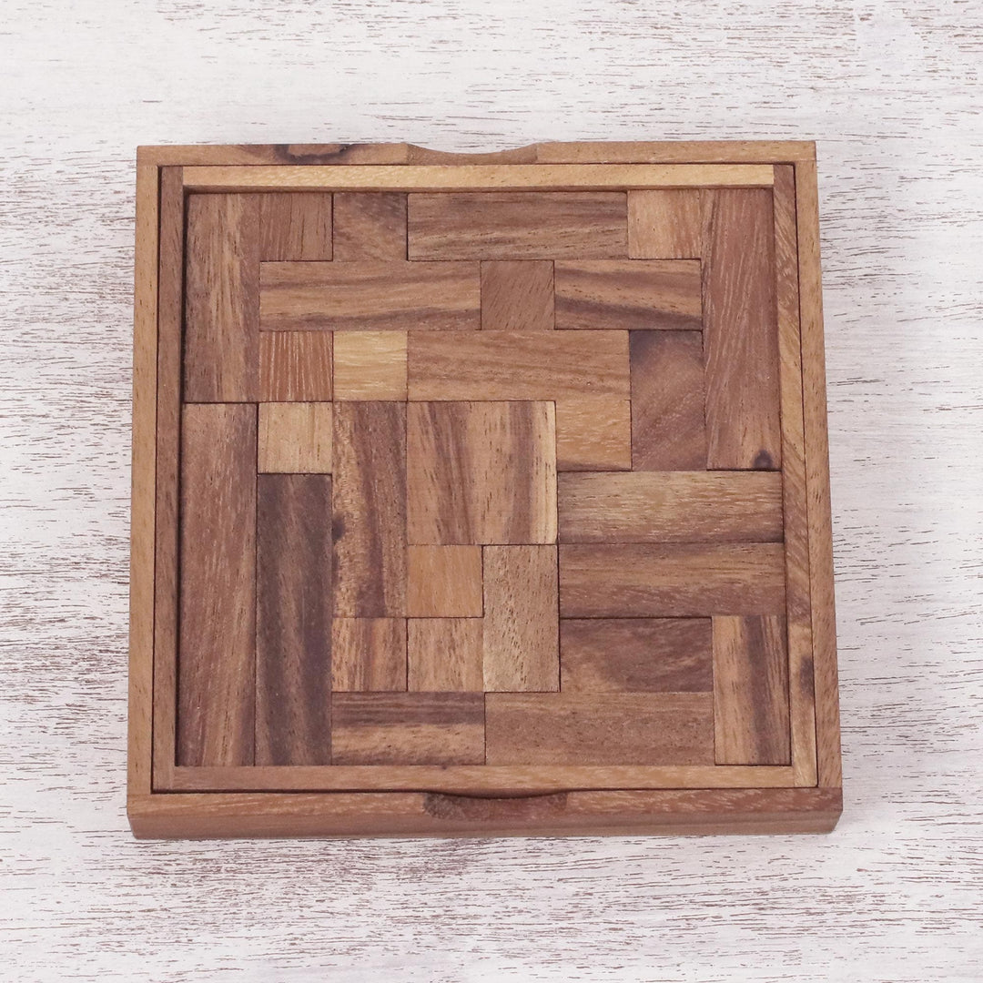 Handcrafted Square Wood Geometric Puzzle from Thailand - Geometry Game