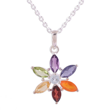 Multi-Gemstone Floral Pendant Necklace from India - Floral Chakra