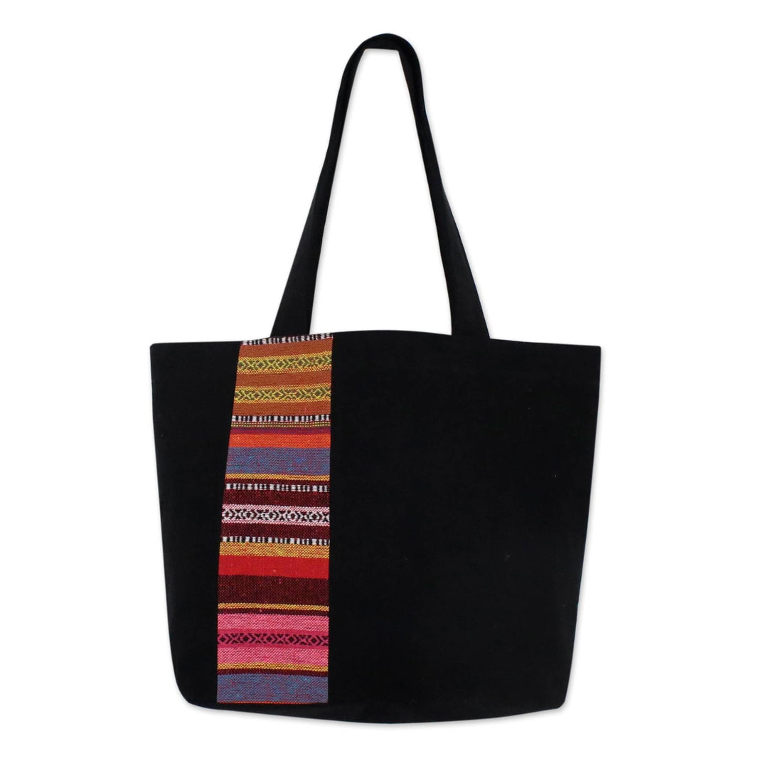 Black Cotton Tote Bag with Stripe Design from Thailand - Spring in Thailand
