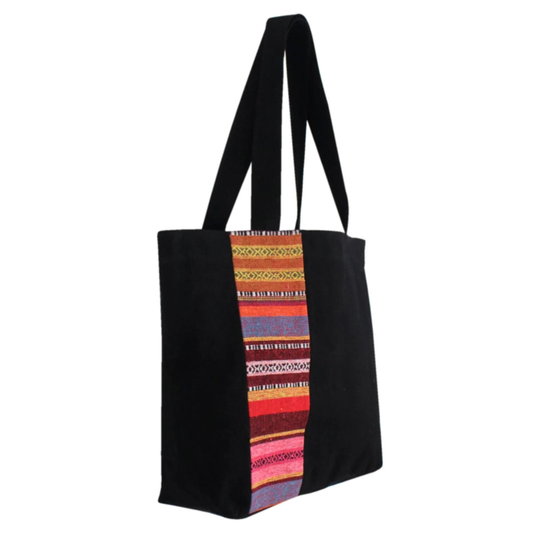Black Cotton Tote Bag with Stripe Design from Thailand - Spring in Thailand