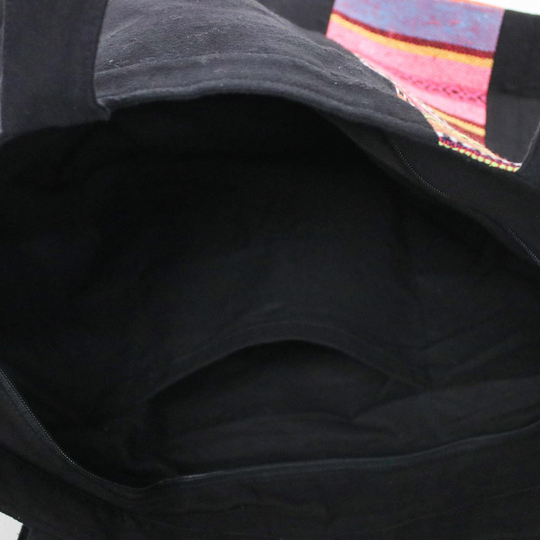 Black Cotton Tote Bag with Stripe Design from Thailand - Spring in Thailand