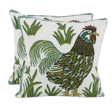 Two Embroidered Cushion Covers with Roosters from India - Rooster Crow