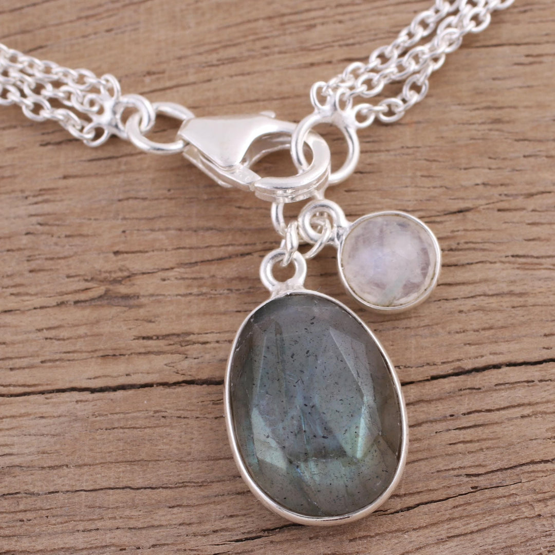 Labradorite and Rainbow Moonstone Charm Bracelet from India - Twinkling Harmony