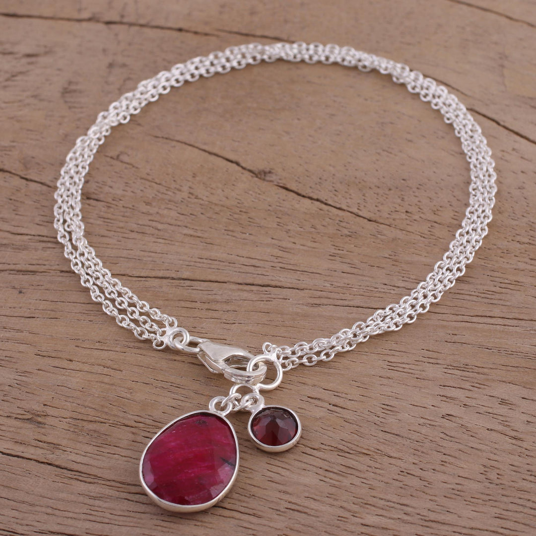 Ruby and Garnet Sterling Silver Charm Bracelet from India - Twinkling Harmony