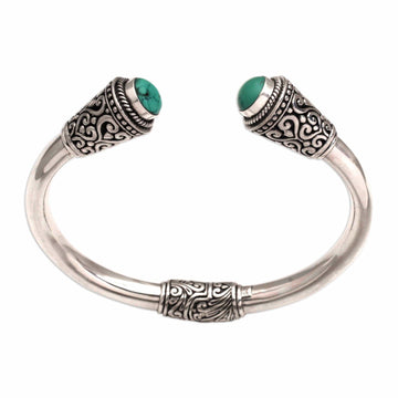 Turquoise and Sterling Silver Cuff Bracelet from Bali - Petal Temple