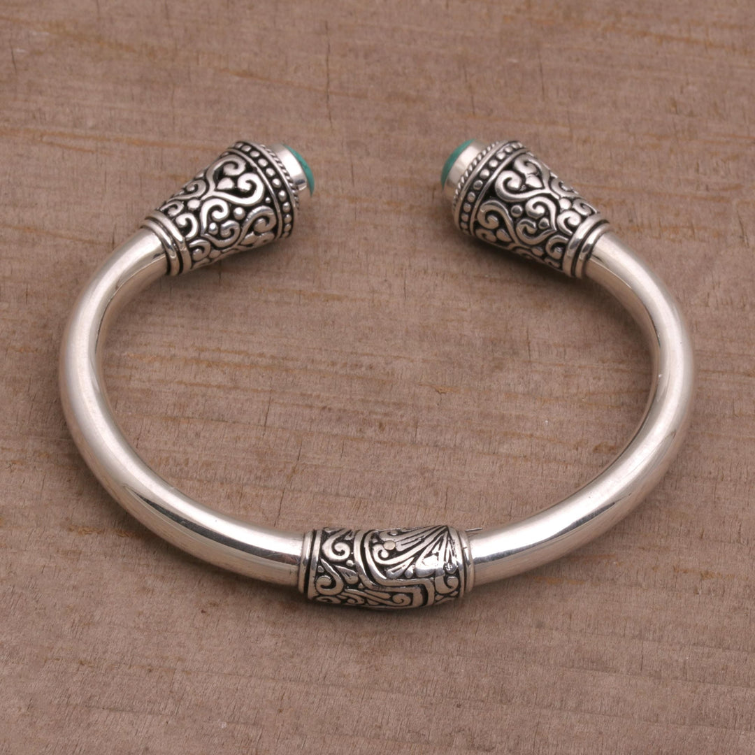 Turquoise and Sterling Silver Cuff Bracelet from Bali - Petal Temple