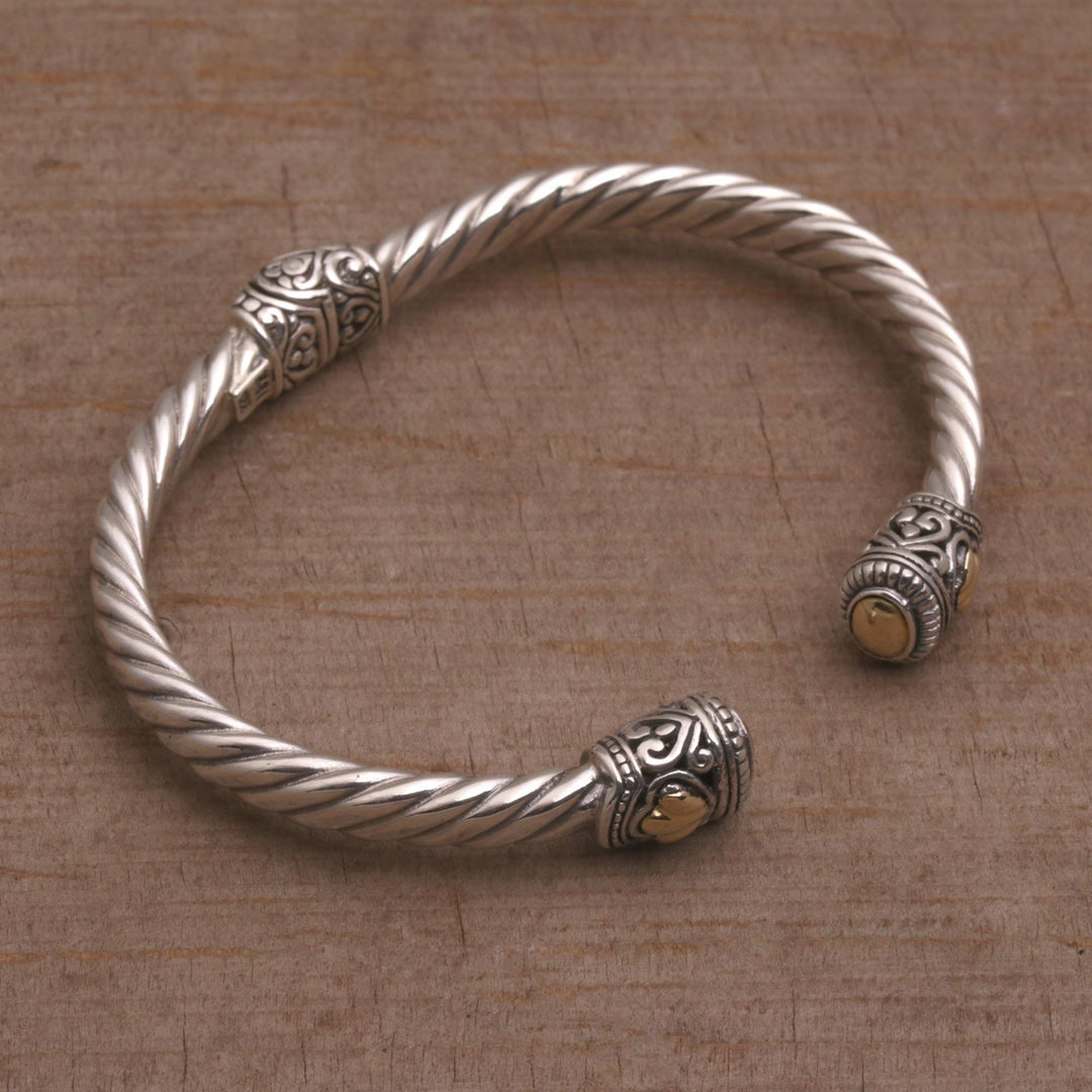 Gold Accent Rope Design Sterling Silver Bracelet from Bali - Shrine Leaves