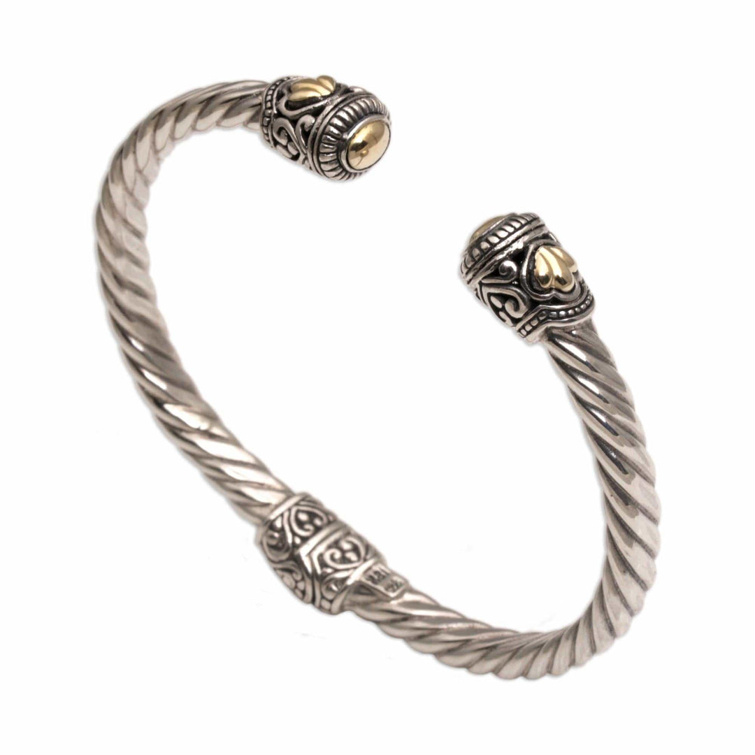 Gold Accent Rope Design Sterling Silver Bracelet from Bali - Shrine Leaves