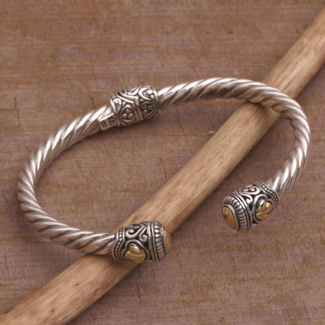 Gold Accent Rope Design Sterling Silver Bracelet from Bali - Shrine Leaves