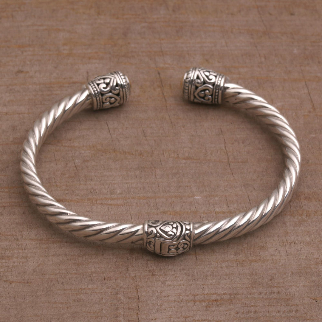 Gold Accent Rope Design Sterling Silver Bracelet from Bali - Shrine Leaves