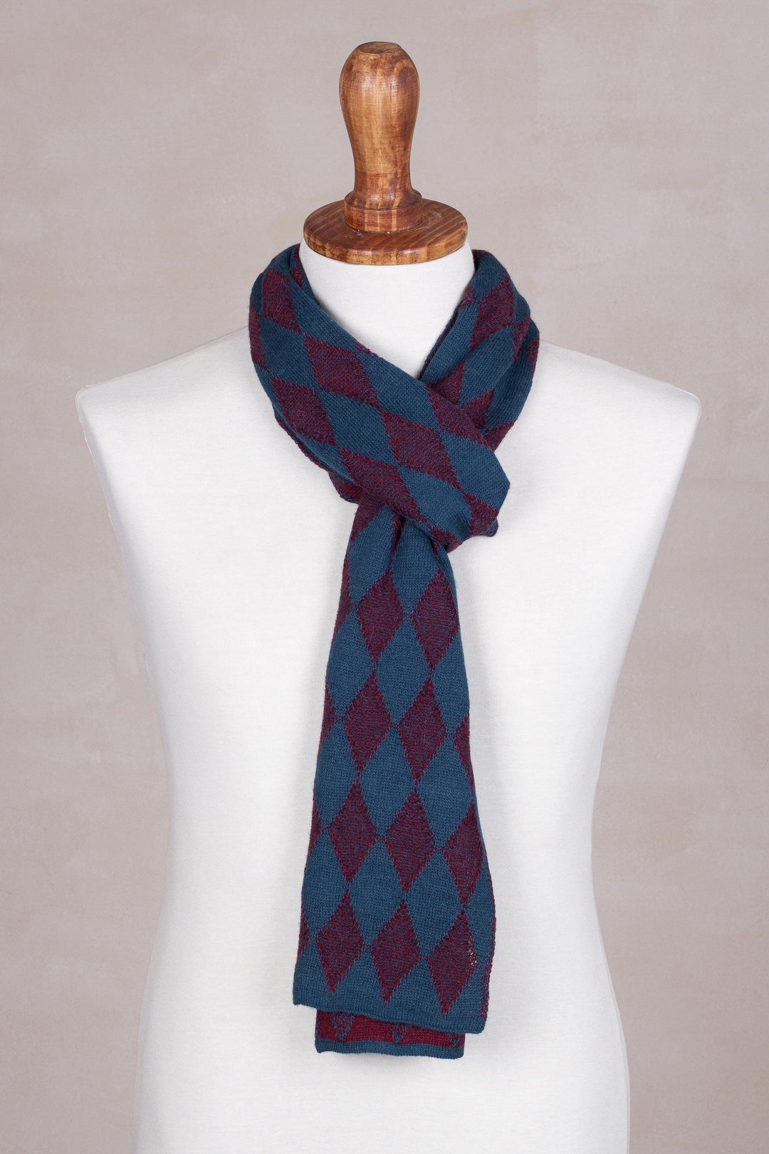 Men's Alpaca Blend Scarf in Teal and Cherry from Peru - Diamond Sophistication