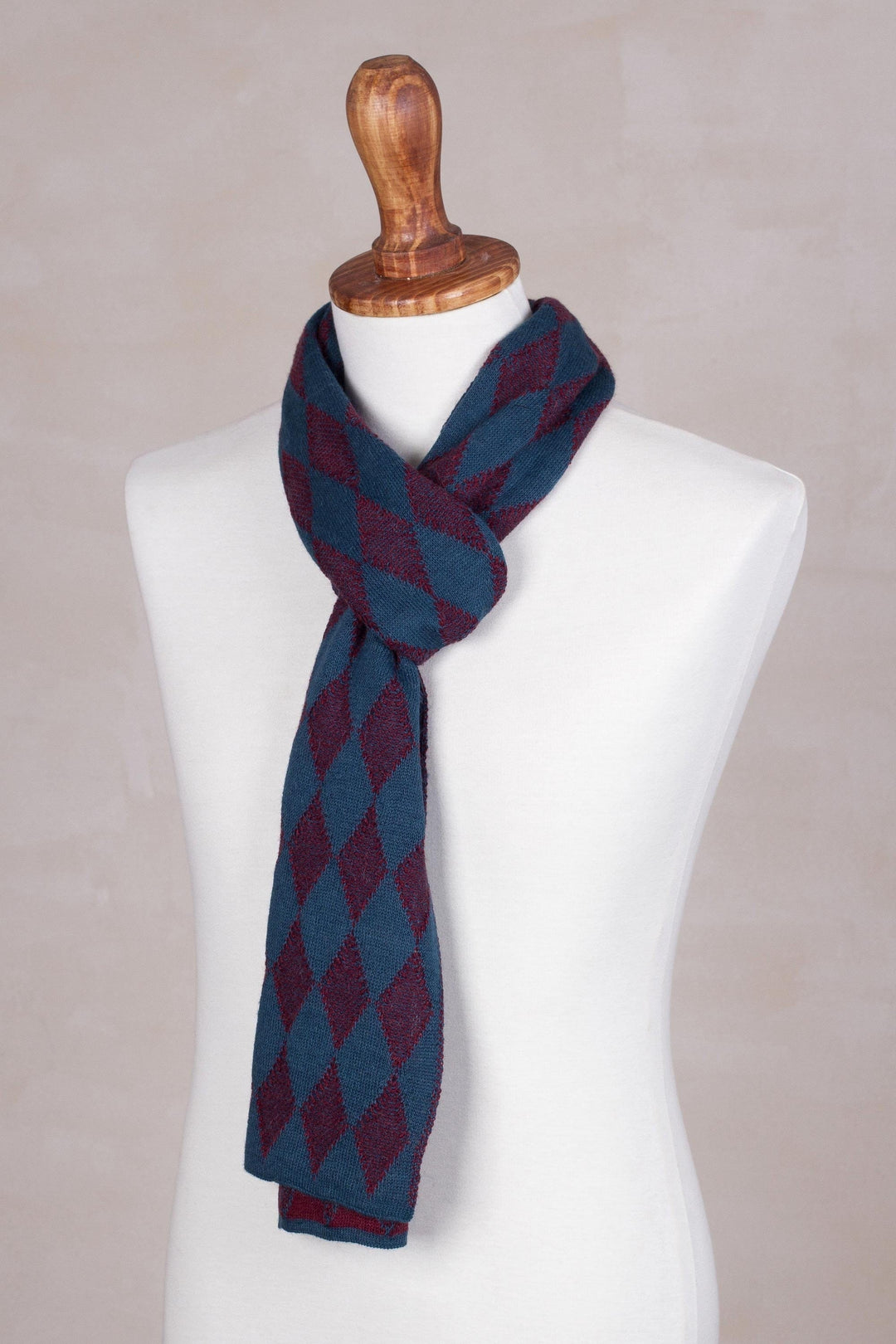 Men's Alpaca Blend Scarf in Teal and Cherry from Peru - Diamond Sophistication