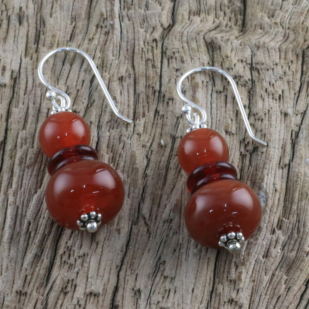 Carnelian Beaded Dangle Earrings from Thailand - Fiery Memory