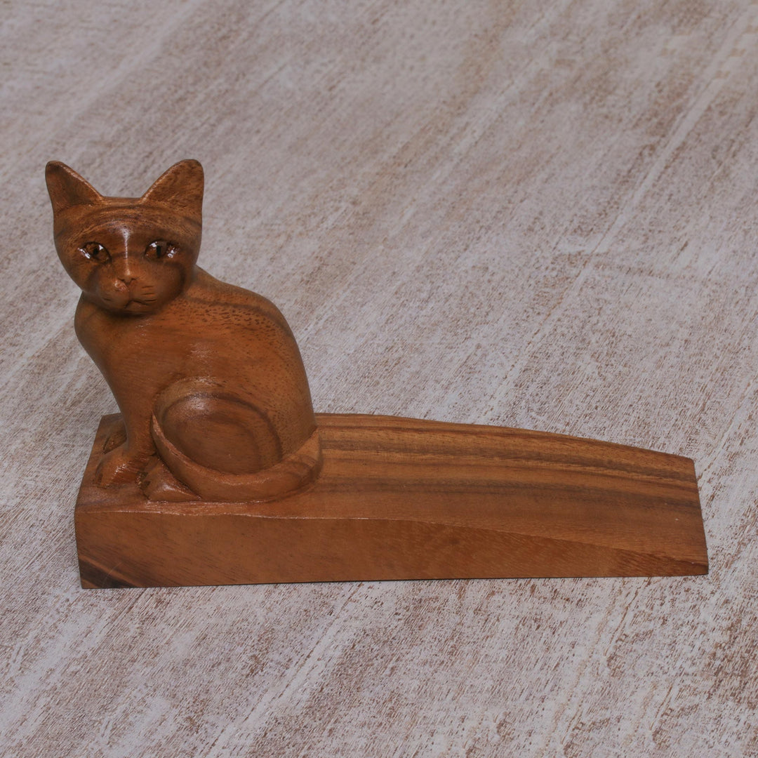 Handcrafted Suar Wood Cat Doorstop in Brown from Bali - Helpful Kitten in Brown