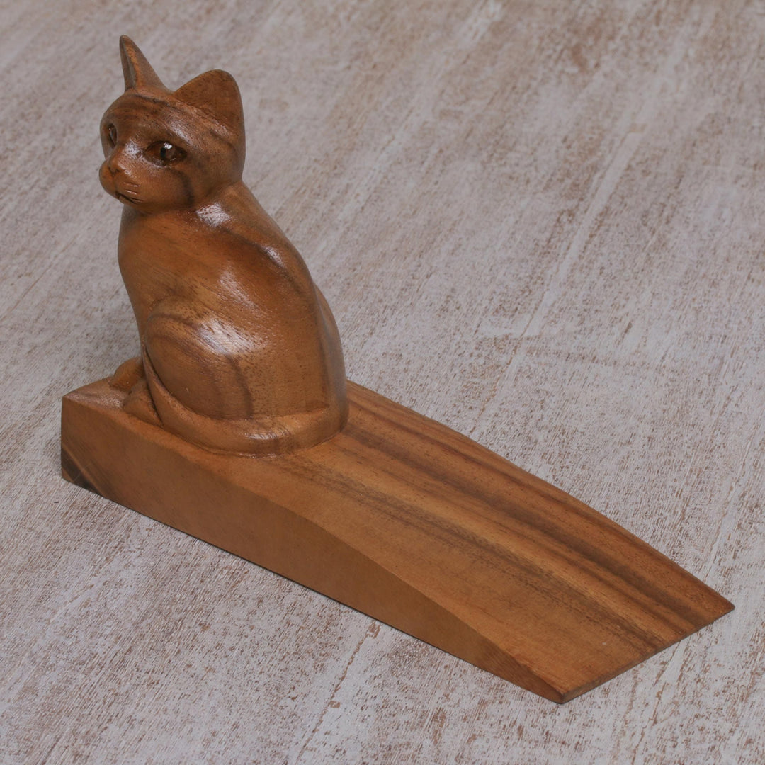 Handcrafted Suar Wood Cat Doorstop in Brown from Bali - Helpful Kitten in Brown