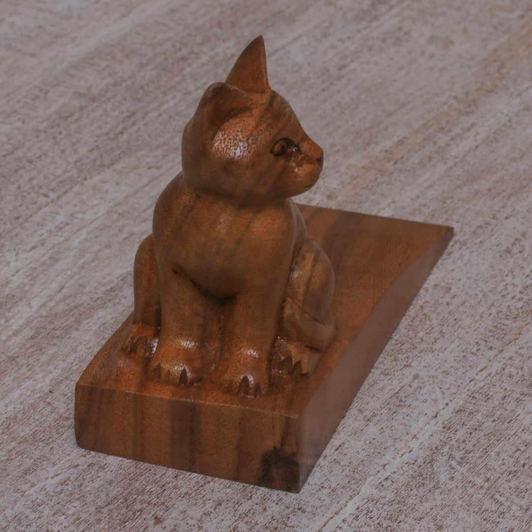 Handcrafted Suar Wood Cat Doorstop in Brown from Bali - Helpful Kitten in Brown