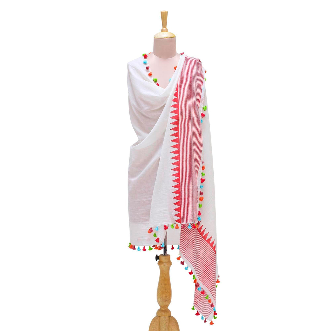 Loom Woven 100% Cotton White and Red Shawl - Pop of Color