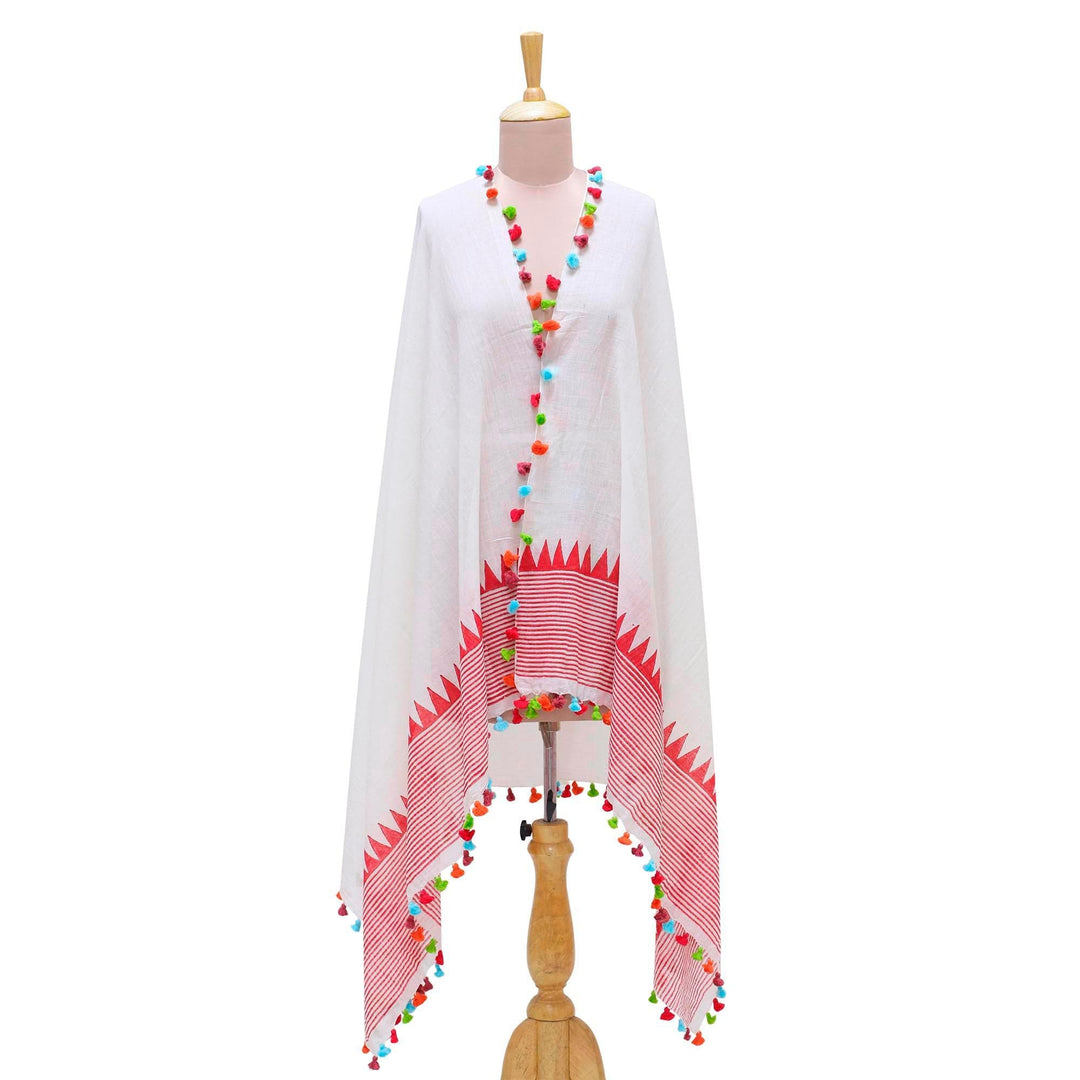 Loom Woven 100% Cotton White and Red Shawl - Pop of Color
