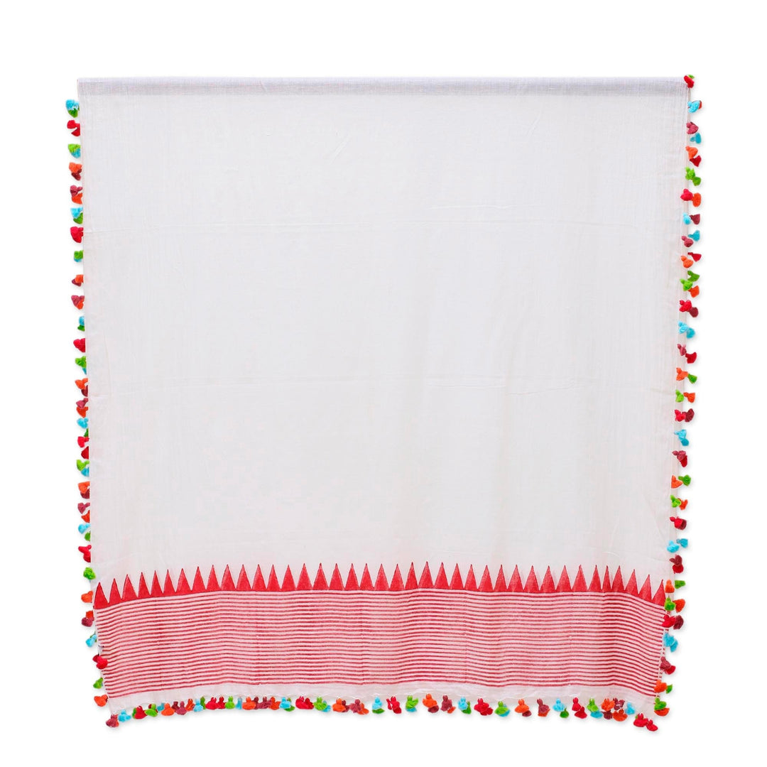 Loom Woven 100% Cotton White and Red Shawl - Pop of Color