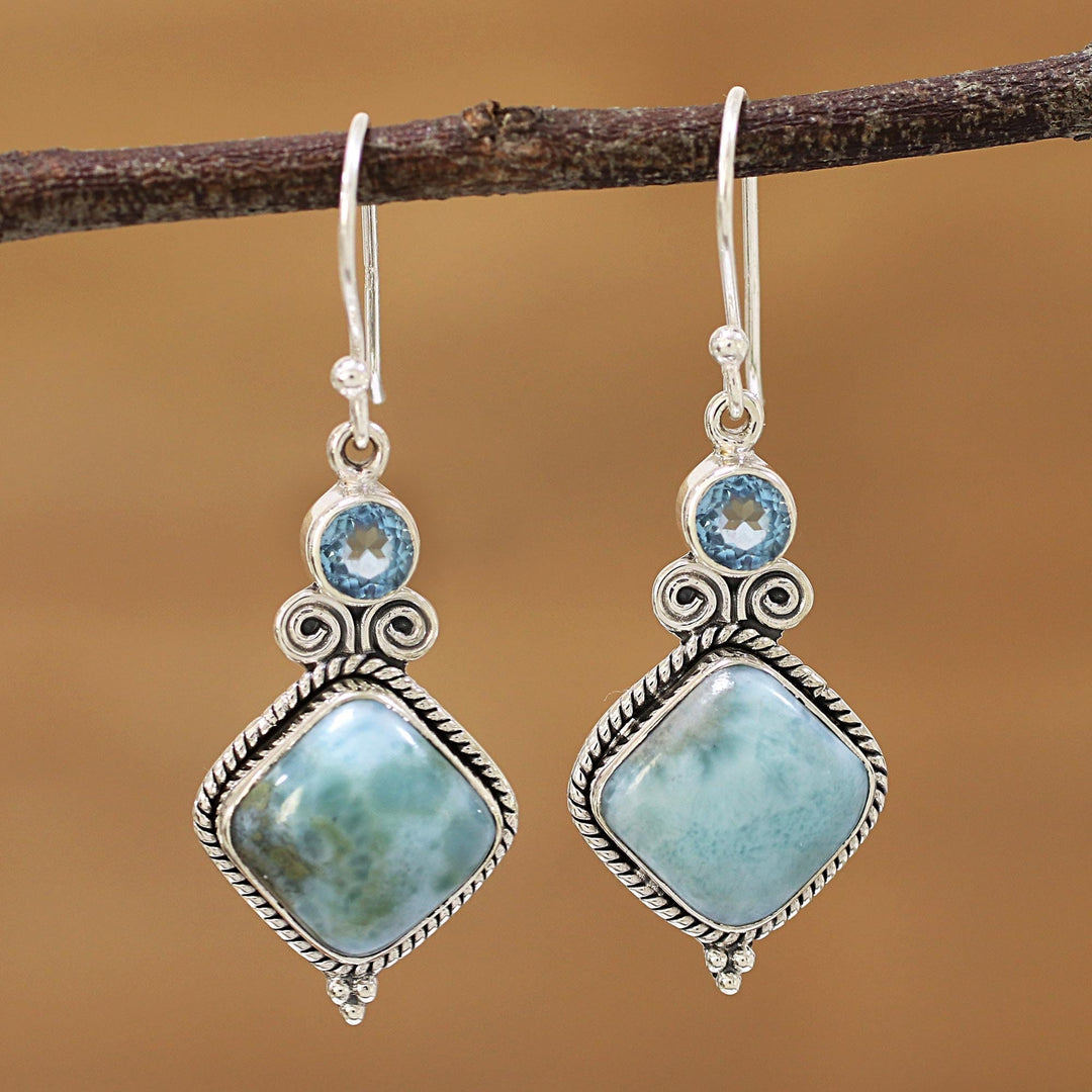 Blue Topaz and Larimar Sterling Silver Dangle Earrings - Pastel Seas