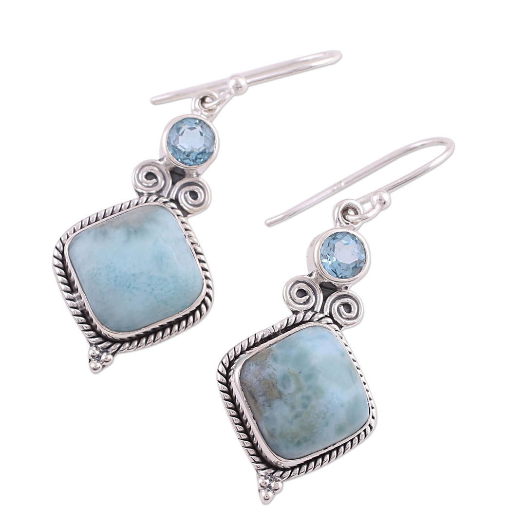 Blue Topaz and Larimar Sterling Silver Dangle Earrings - Pastel Seas