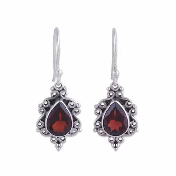 Sterling Silver and Garnet Dangle Earrings from India - Red Intricacy
