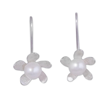Floral Cultured Pearl and Silver Drop Earrings - Flower Glow