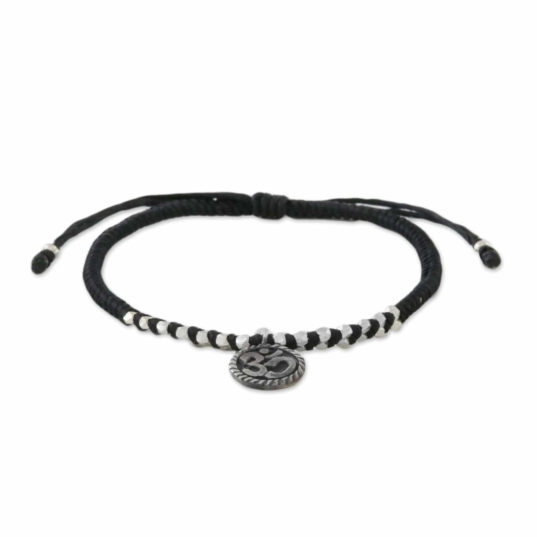 Black Cord Bracelet with 950 Silver Om Charm - Ancient Om in Black
