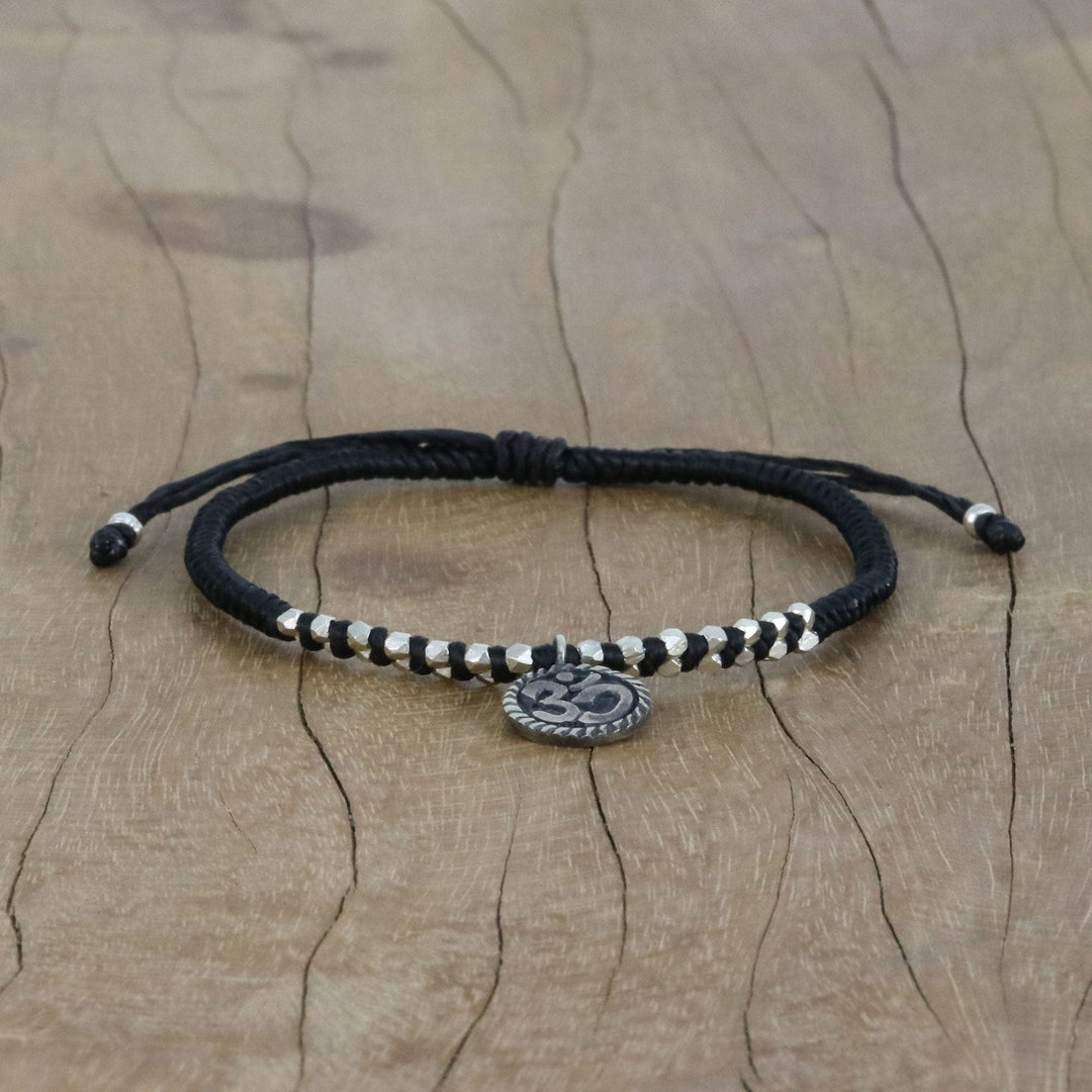Black Cord Bracelet with 950 Silver Om Charm - Ancient Om in Black