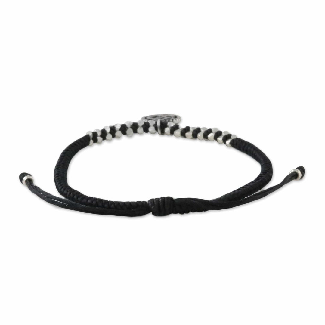 Black Cord Bracelet with 950 Silver Om Charm - Ancient Om in Black