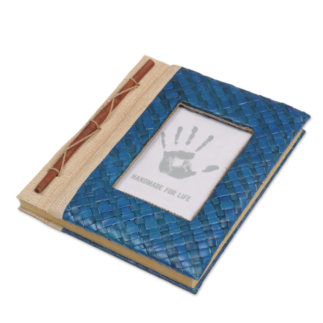 Hand-Woven Pandan Leaf Journal with Photo Cover in Blue - Woven Memories in Blue