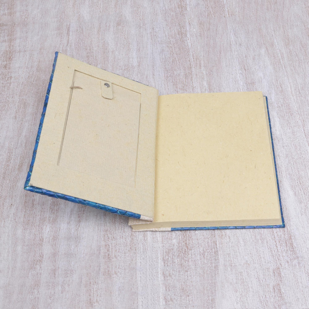 Hand-Woven Pandan Leaf Journal with Photo Cover in Blue - Woven Memories in Blue