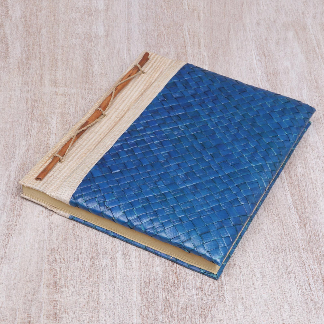 Artisan Hand-woven Pandan Leaf Journal in Blue from Bali - Happy Weaver in Blue