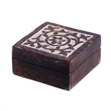 Handcrafted Square Mango Wood Decorative Box from India - Floral Circle