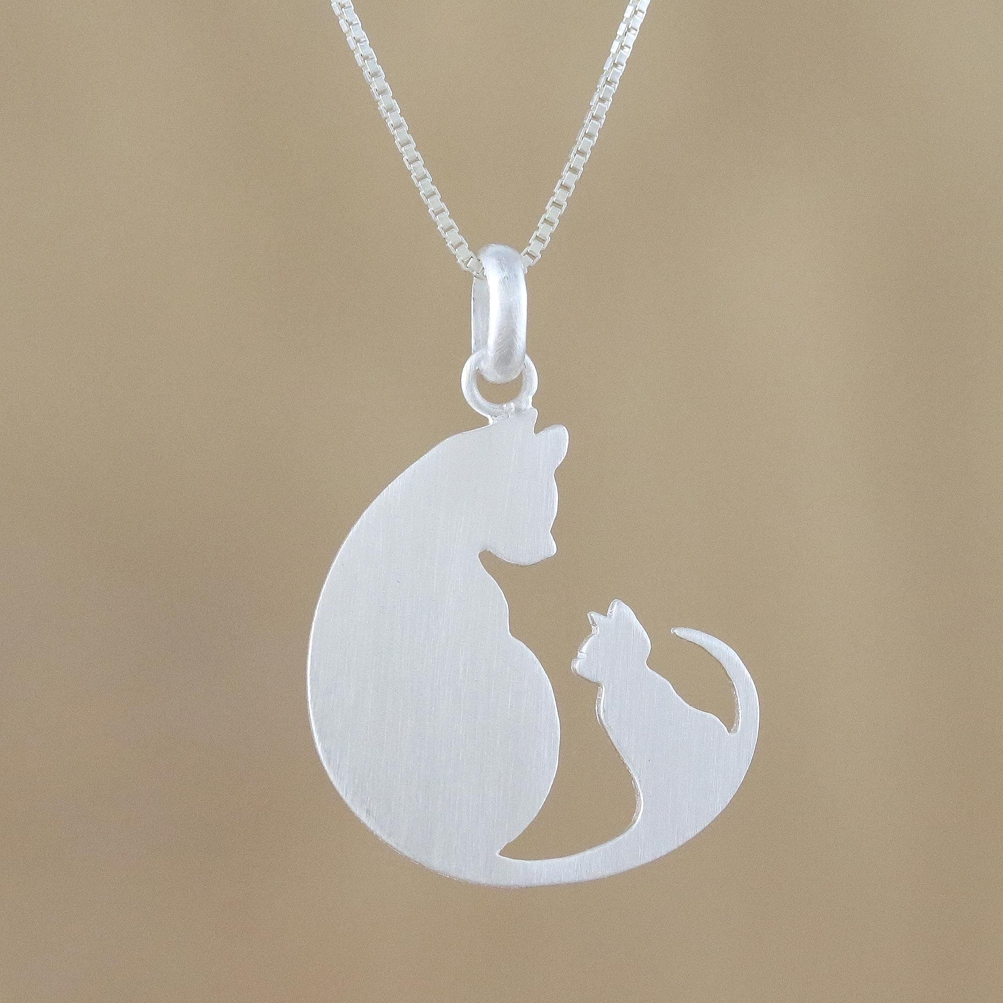 Sterling Silver Pendant Necklace of Two Cats from Thailand Feline Lo GlobeIn