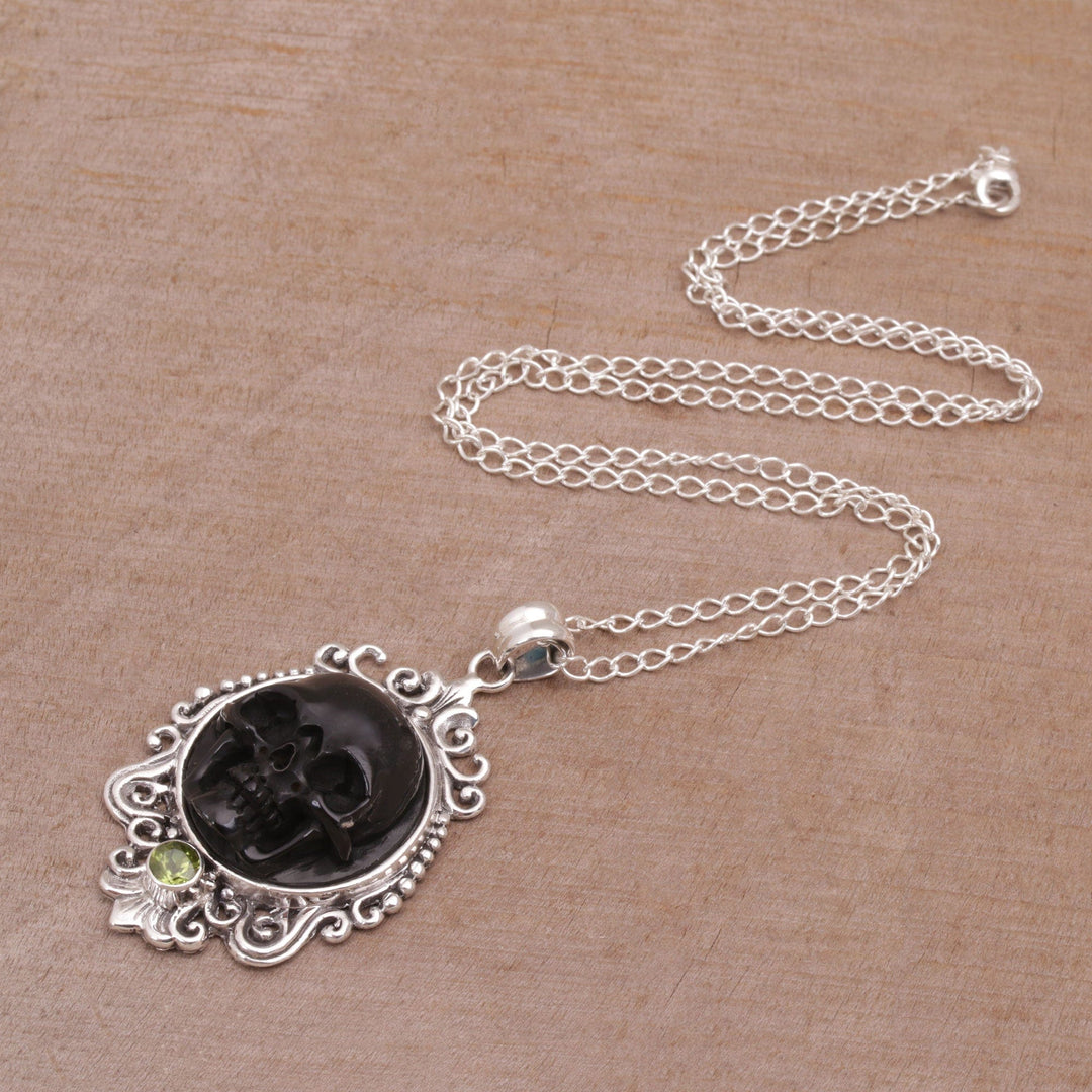 Peridot and Bone Black Skull Pendant Necklace from Bali - Skull Stare in Black