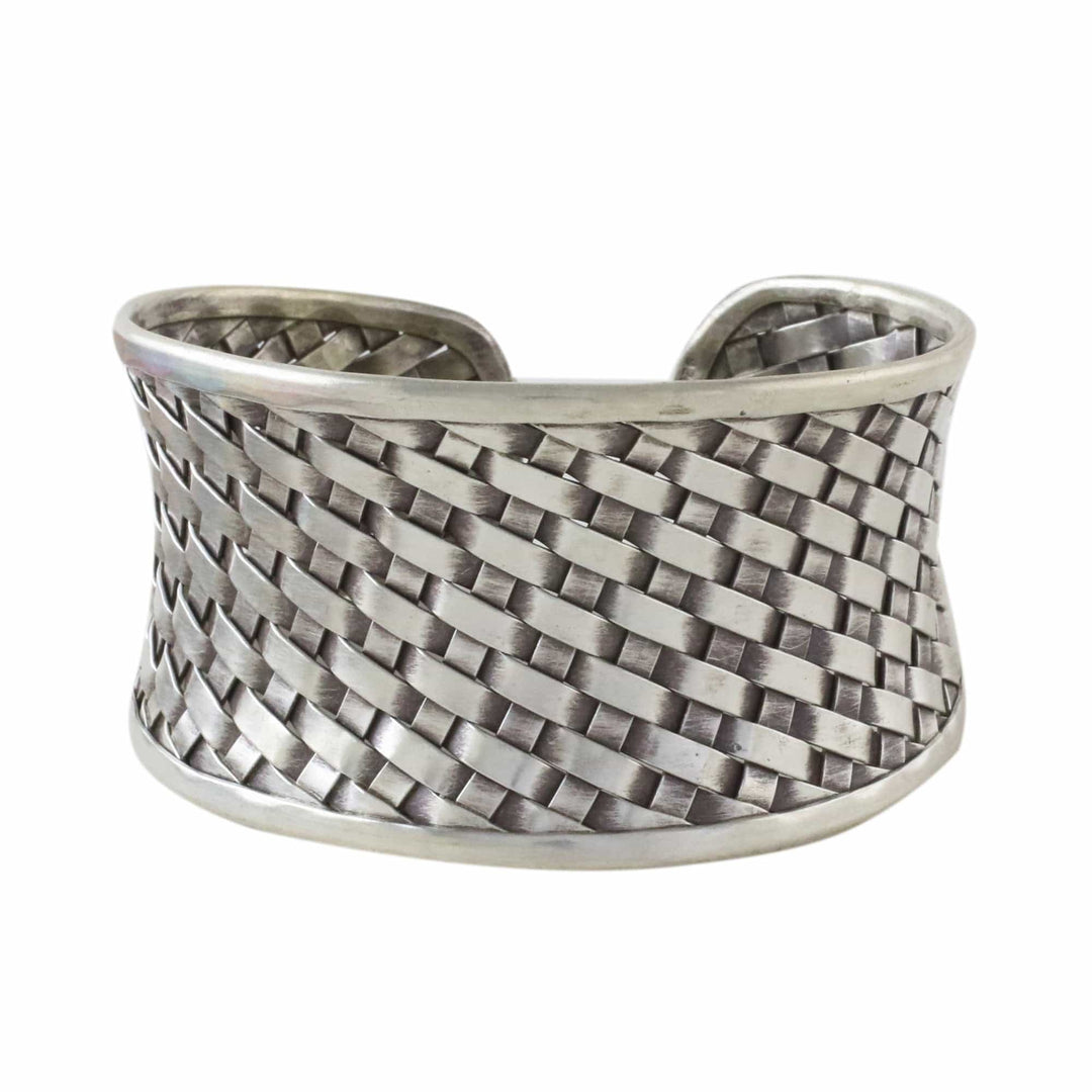 Woven Texture Sterling Silver Cuff Bracelet for Women - Basketwork
